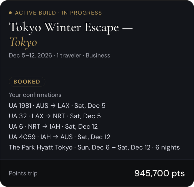 The Tokyo trip marked Booked, listing four confirmed United flights and the Park Hyatt Tokyo stay.