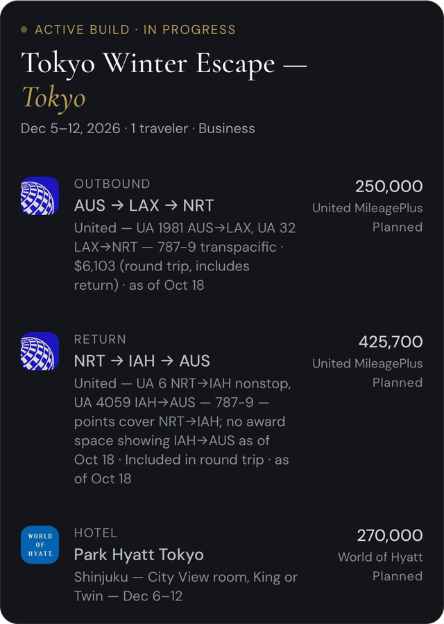 A Tokyo trip in Sol · Lab: United flights out and back and six nights at the Park Hyatt Tokyo, each with its points price and its dated cash price.
