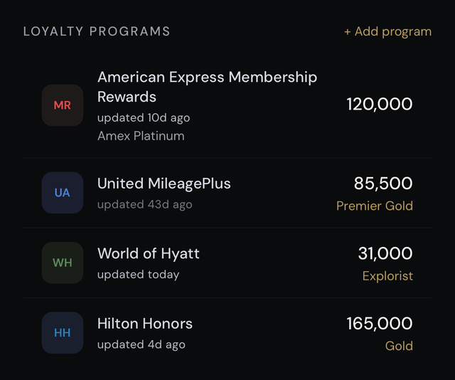 The Vault's loyalty programs: Amex Membership Rewards, United MileagePlus at Premier Gold, World of Hyatt at Explorist, and Hilton Honors at Gold, each with its balance.