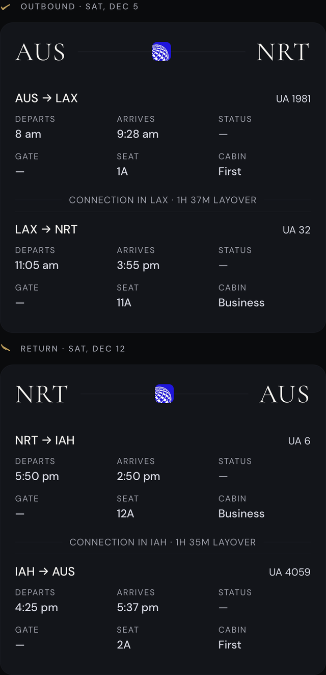 The Travel Brief for the Tokyo trip, built from forwarded confirmations: the outbound through Los Angeles and the return through Houston, each flight with its times, seat and cabin.