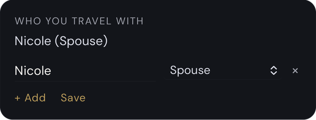 Profile: who you travel with, Nicole, spouse.